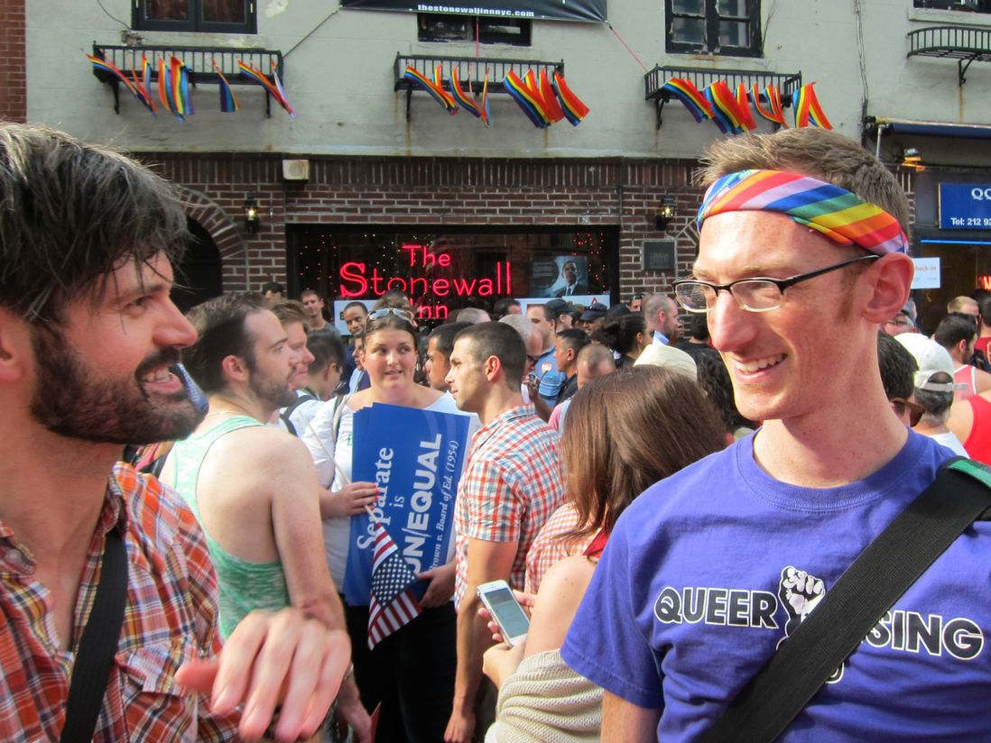On the right, Queer Rising activist Eugene Lovendusky, who was the <a href="http://gothamist.com/2013/05/27/teen_arrested_for_attacking_lgbt_ac.php">victim of a hate crime last month</a><br/>